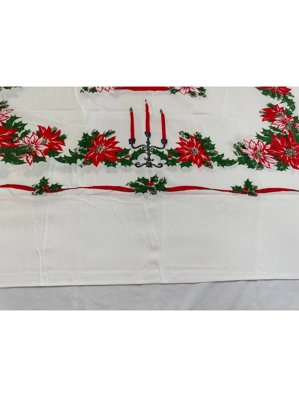 Christmas Holly Candle Poinsettia Holly Tablecloth White Red Rectangle
